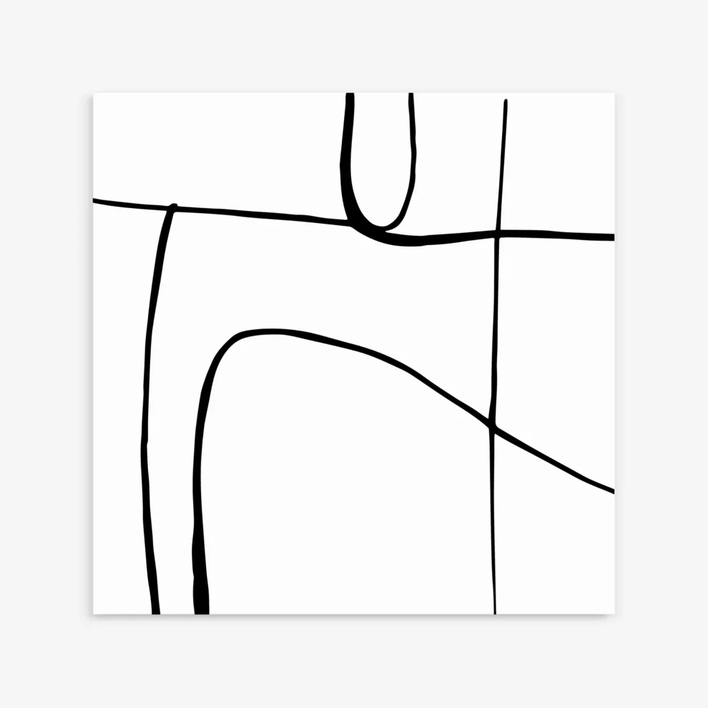 Minimalist abstract black line art with curved and straight lines on white background.