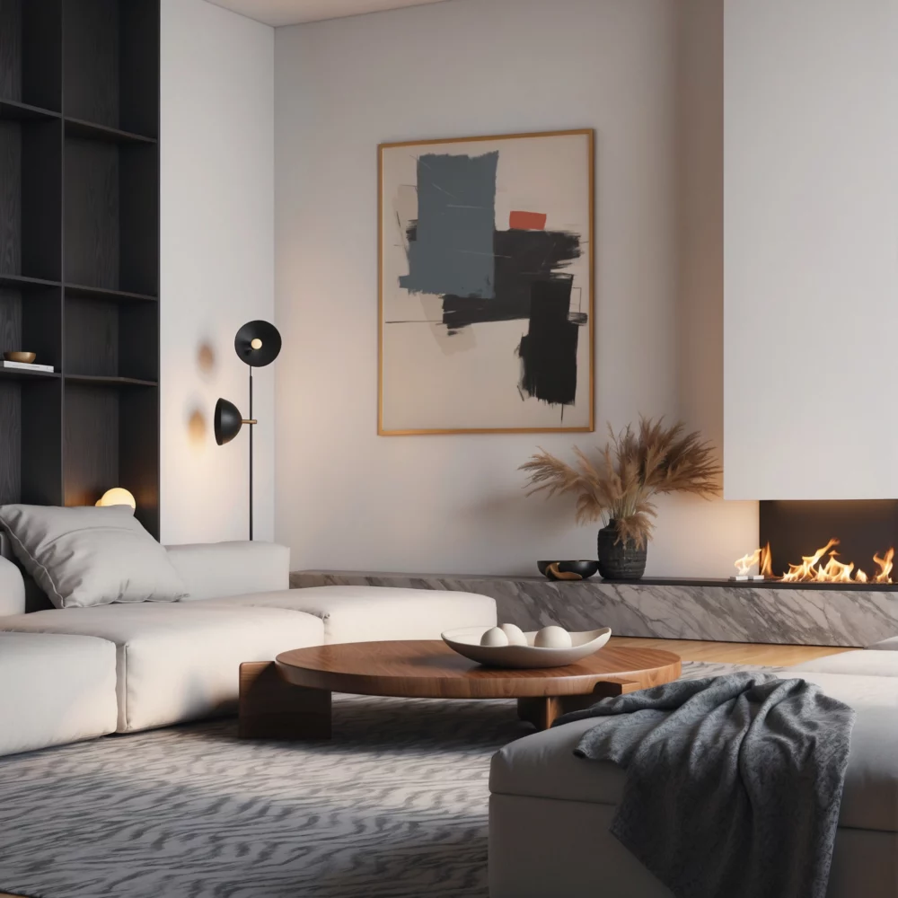 Minimalist living room with white sectional, wooden coffee table and abstract wall art.