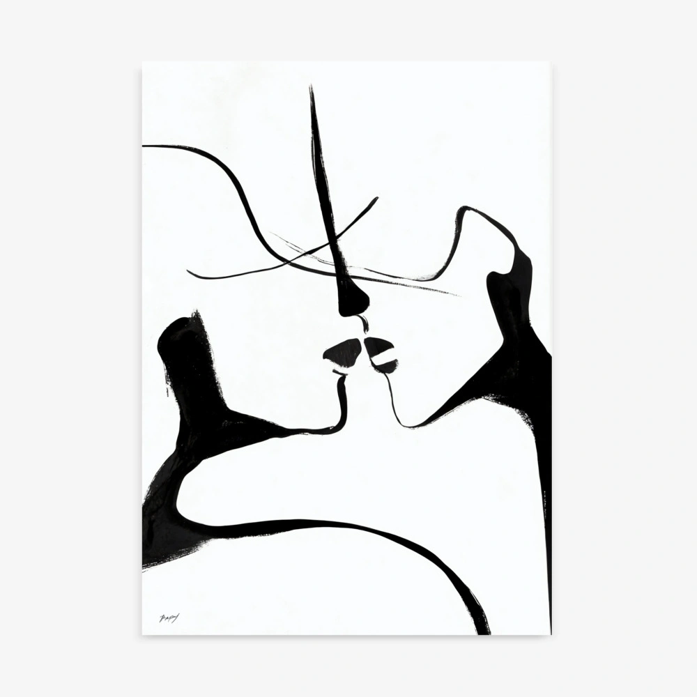Two minimal black ink profiles facing each other in intimate connection