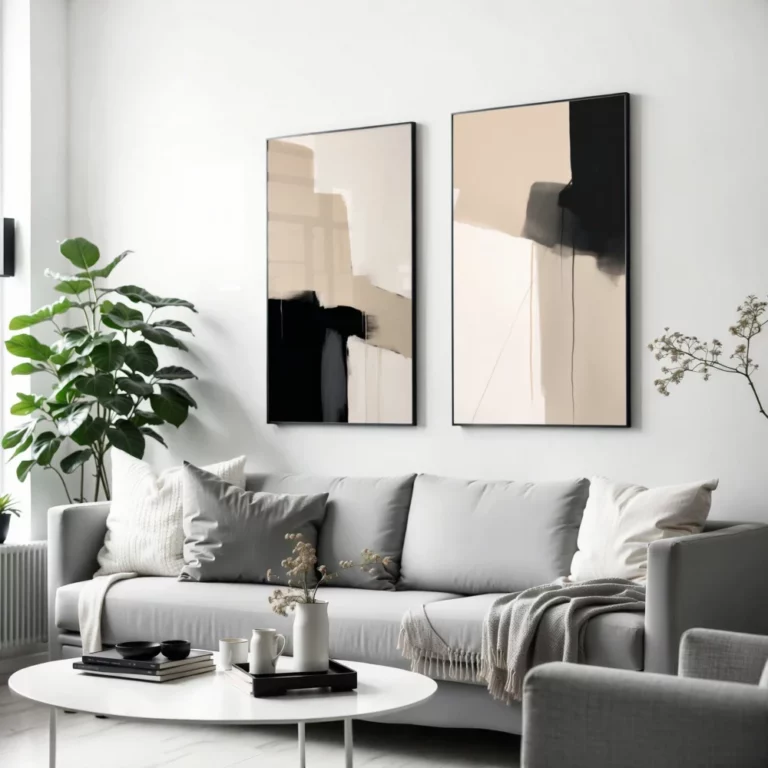 Minimalist living room with gray sofa, abstract wall art and houseplants.