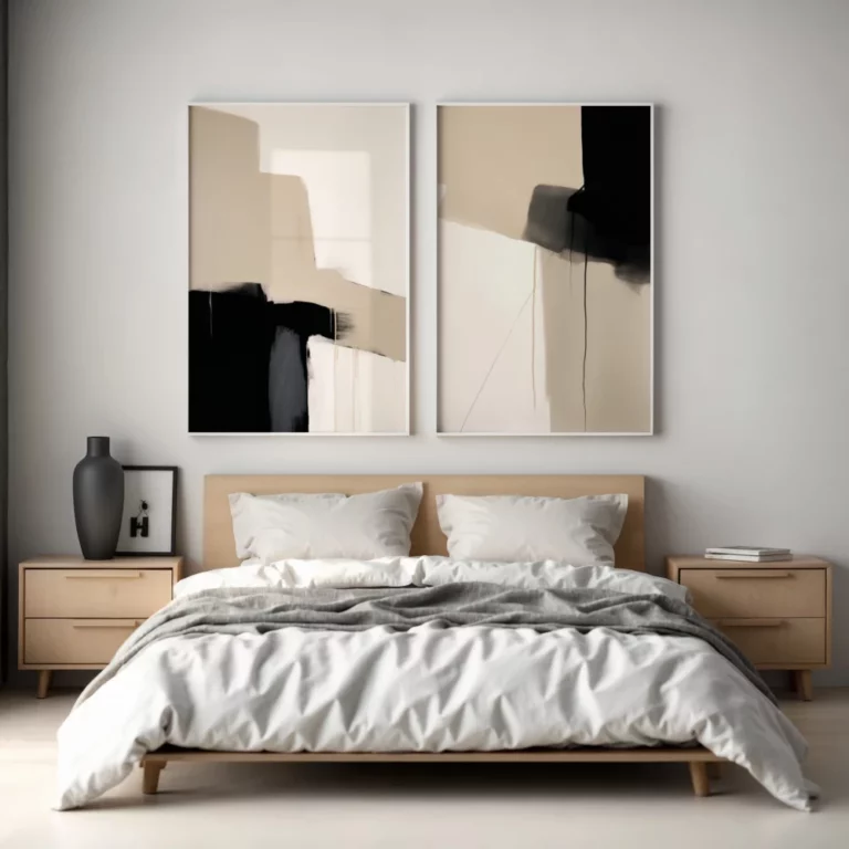 Modern minimalist bedroom with wooden furniture and abstract wall art above bed.