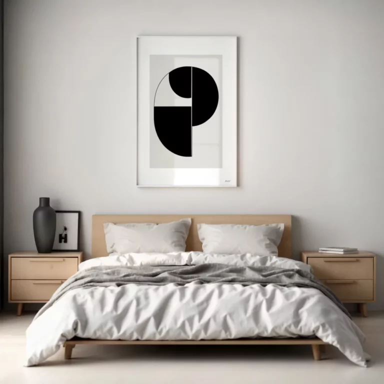 Modern minimalist bedroom art print featuring bold black geometric shapes on a white background, framed and hung above a minimalist wooden bed.