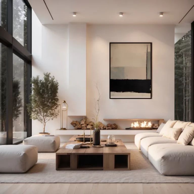 Minimalist living room with cream sofa, natural light and abstract wall art.