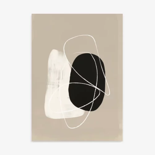 Minimalist abstract art with textured white form and black oval on beige background.