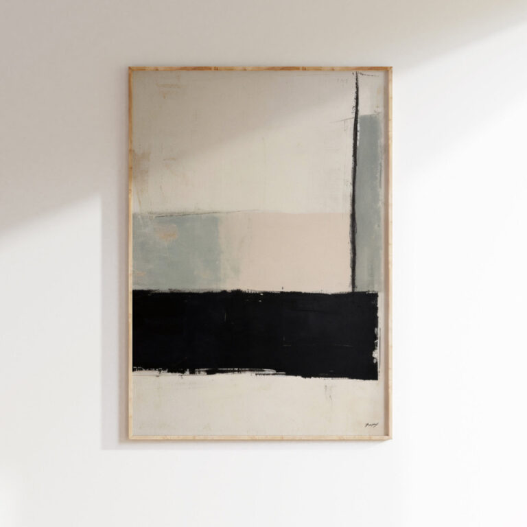 Wabi-sabi abstract painting in black, white, and subtle beige/gray, featuring imperfect geometric shapes and textured brushstrokes, embodying the beauty of asymmetry and simplicity.
