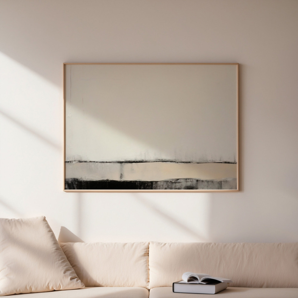 Wabi-sabi inspired living space with lush green plants near a subtly blurred abstract painting in muted tones, suggesting a serene and imperfect beauty. Sunlight filtering through.