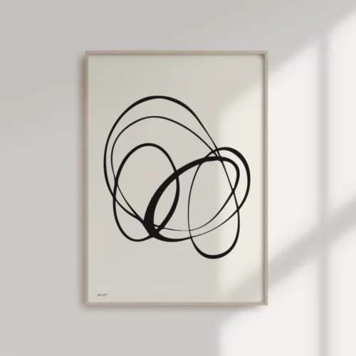 Minimalist black line art in wooden frame, abstract flowing curves on light background.