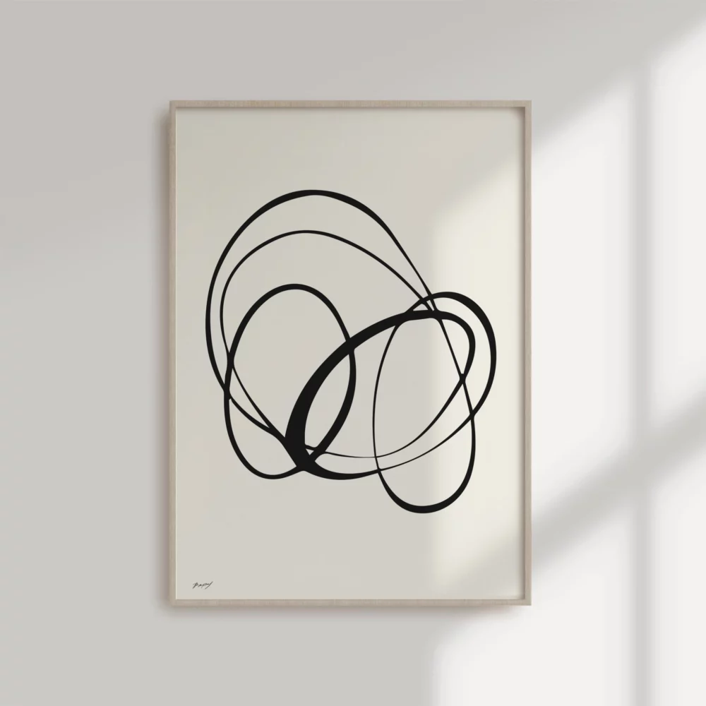 Minimalist black line art in wooden frame, abstract flowing curves on light background.