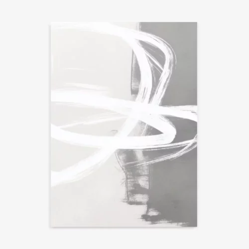 Abstract light trails creating flowing white ribbons against gray background.