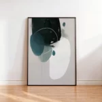 Modern abstract art with teal and green shapes in dark frame.