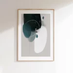 Elegant framed abstract art with teal, black and white organic shapes.
