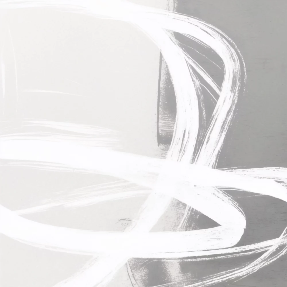 Abstract white brushstrokes flowing across light gray background creating ethereal movement.