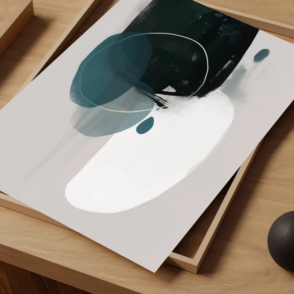 Elegant abstract artwork featuring teal curves and translucent shapes on wooden surface.