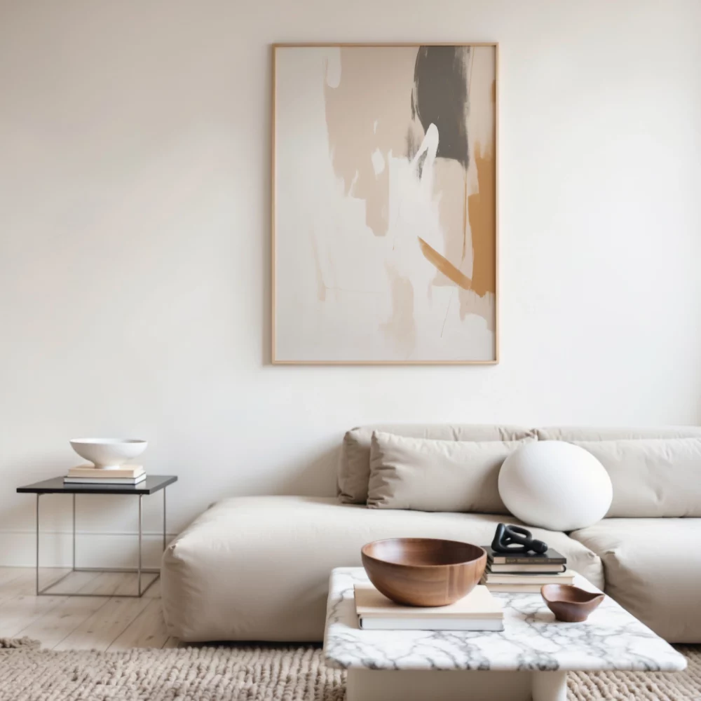 Minimalist living room with beige sofa, abstract art, and marble coffee table.
