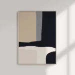 Minimalist abstract artwork with navy blue and beige geometric shapes in white frame.