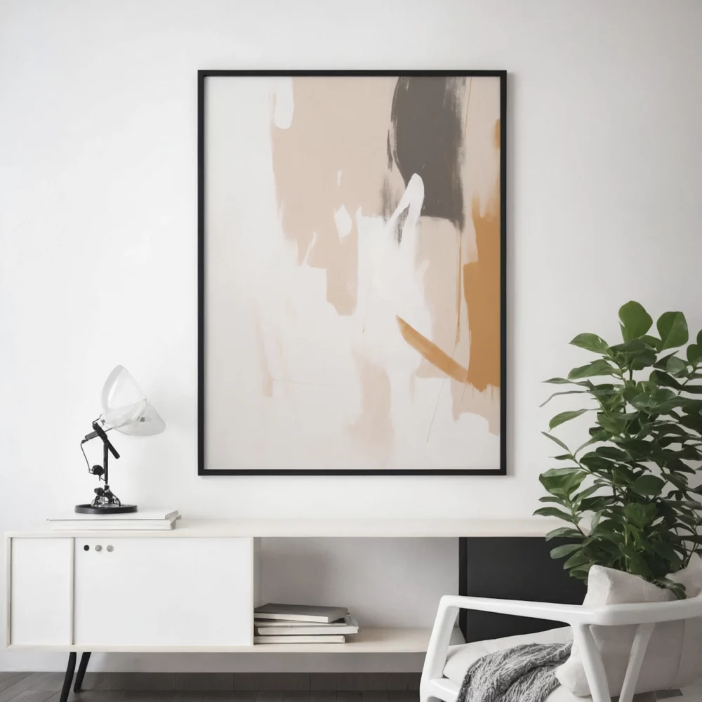 Minimalist living room with abstract artwork, white credenza and green plant.
