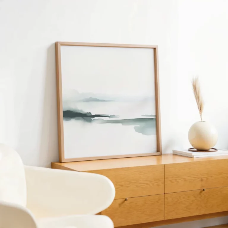 Minimalist abstract watercolor landscape in light frame on wooden credenza.