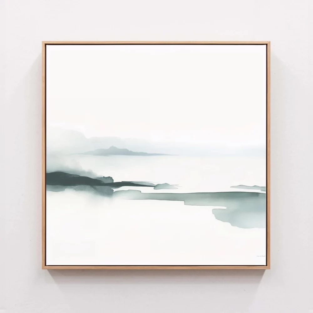 Minimalist abstract landscape watercolor in wooden frame on white wall.