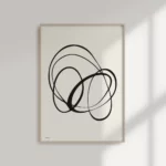 Minimalist black line art in wooden frame, abstract flowing curves on light background.