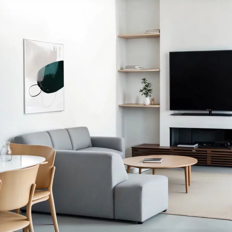 Minimalist contemporary living room with gray sofa, wooden furniture and abstract wall art.
