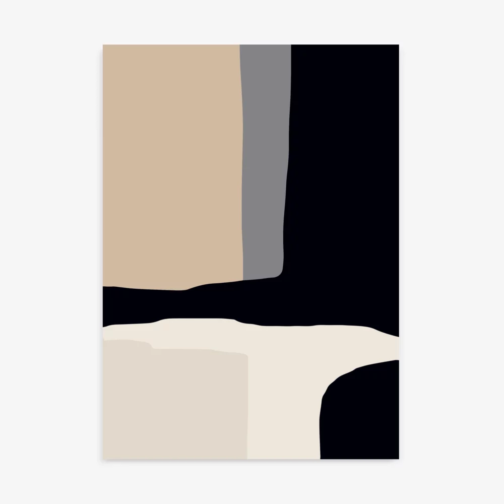 Minimalist abstract artwork with geometric black, beige, and cream color blocks.