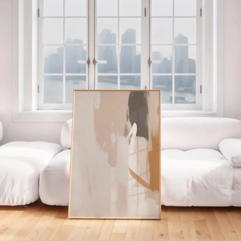 Minimalist living room with abstract canvas and city view through large windows.