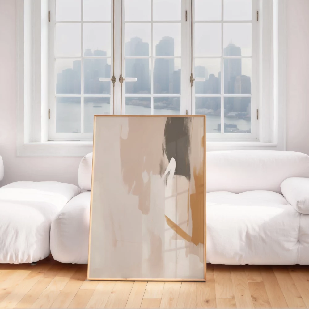 Minimalist living room with abstract canvas and city view through large windows.