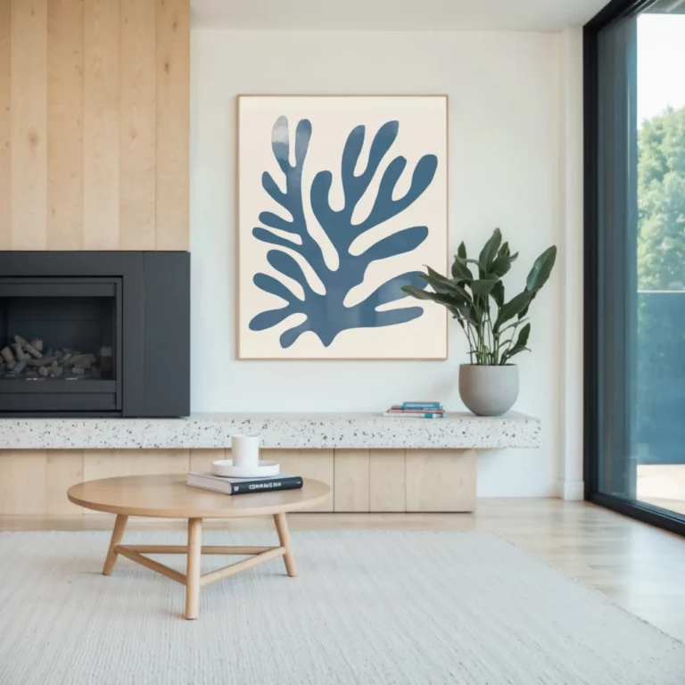 Minimalist living room with wood paneling, fireplace and abstract blue artwork.