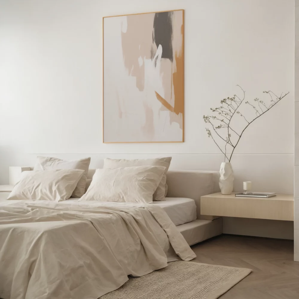 Minimalist bedroom with neutral tones, abstract wall art and platform bed.