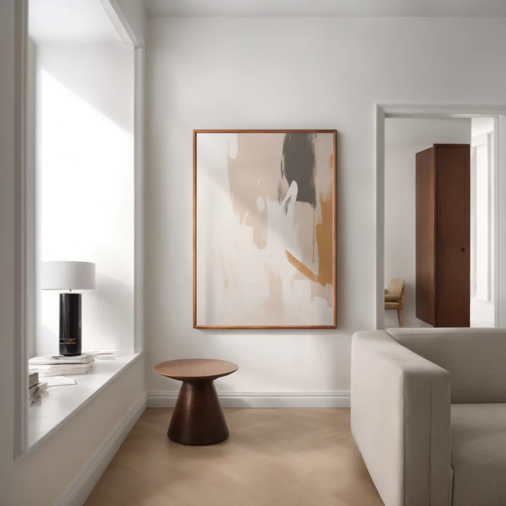 Minimalist living room with abstract art, natural light and neutral tones.