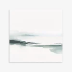 Minimalist watercolor landscape with muted gray-blue tones depicting a misty horizon.