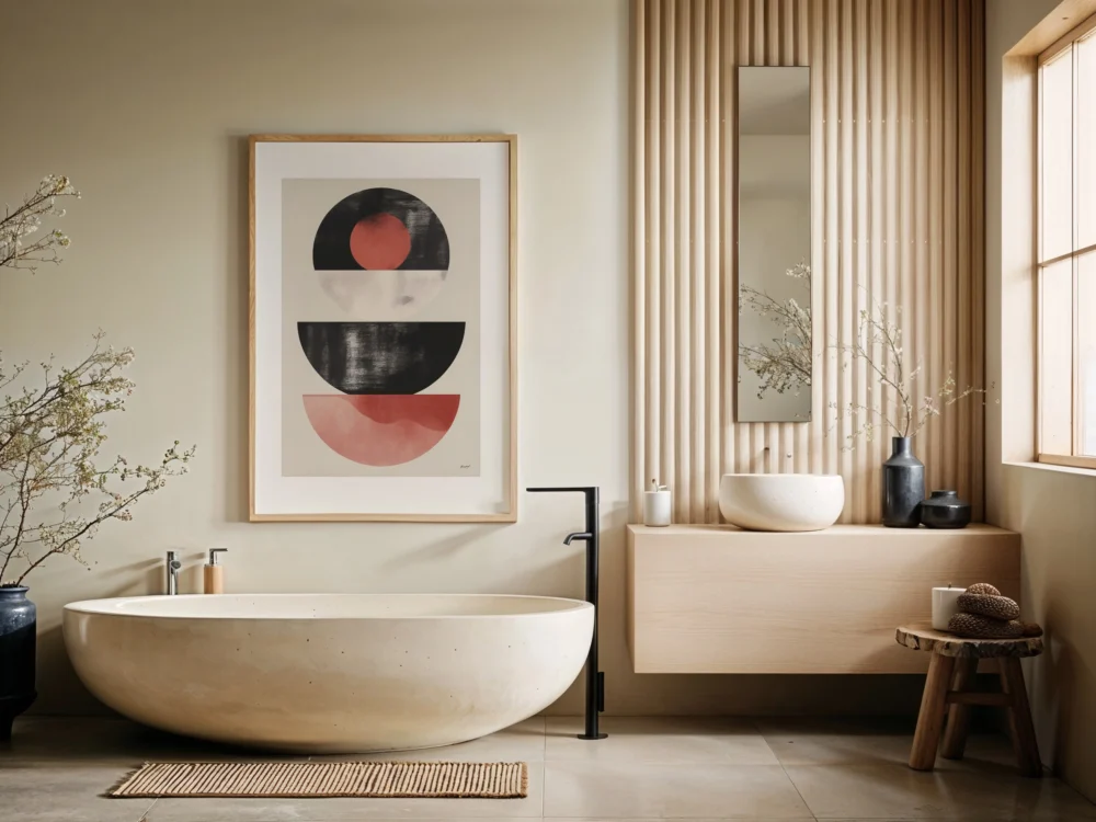 Japandi bathroom featuring freestanding tub, geometric art, and natural light.