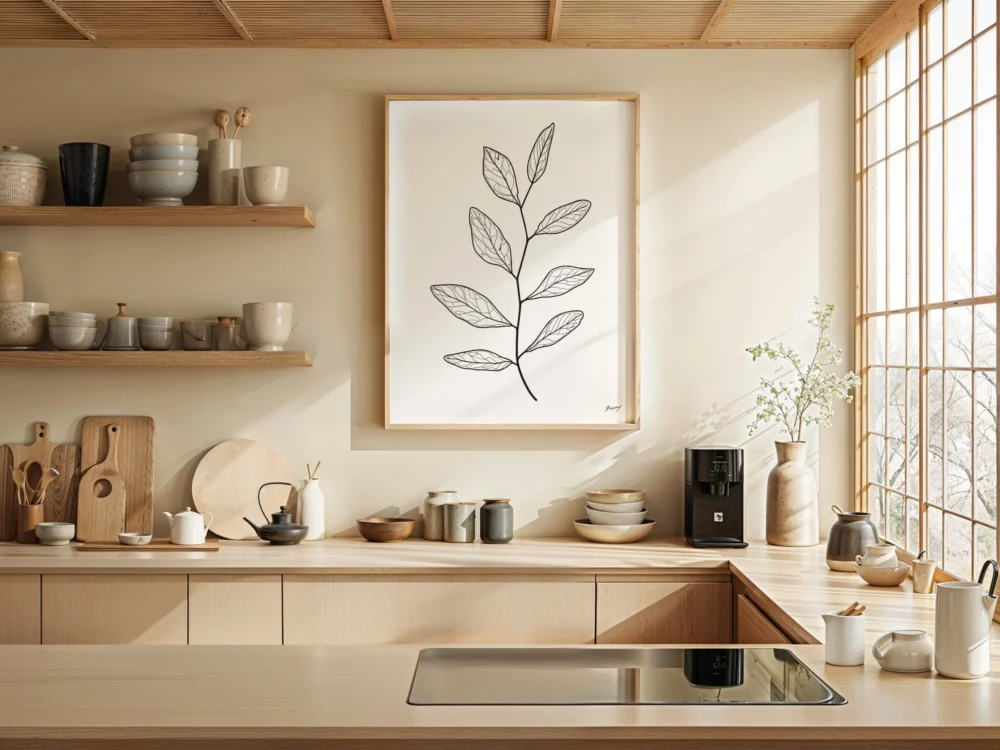 Modern wooden kitchen with Japandi design featuring Nordic elements and natural finishes.