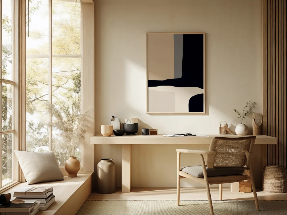 Minimalist workspace bathed in natural light with clean desk setup and abstract art print hanging on the wall