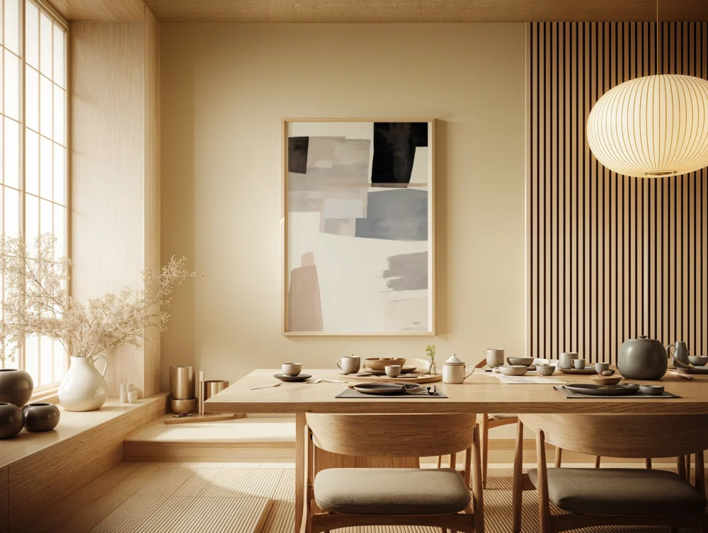Minimalist Japanese dining room with elegant wall art decor.