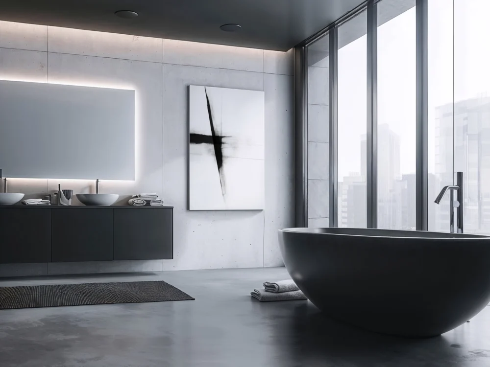 Minimalist luxury bathroom featuring modern fixtures, sleek design and abstract art elements.
