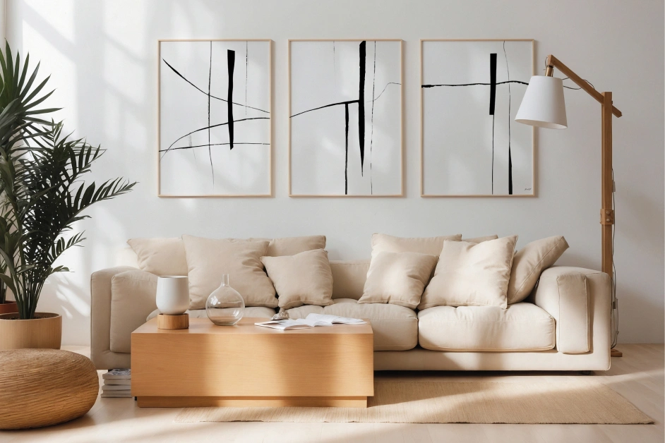 Minimalist living room with cream sofa, wooden coffee table and abstract wall art.