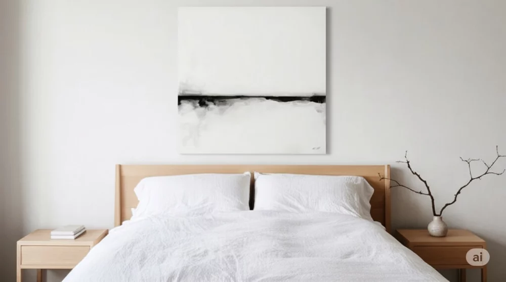 Minimalist bedroom with wooden bed frame and abstract wall art above white bedding.