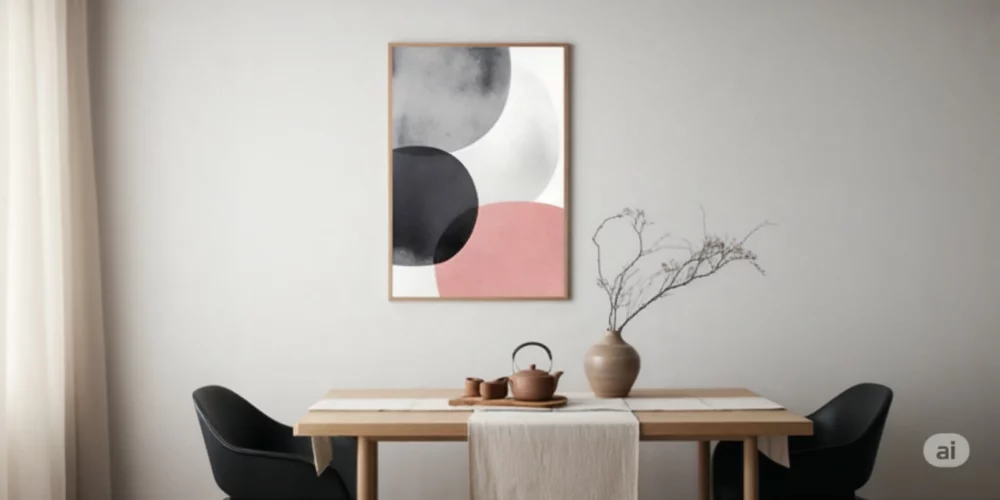 Minimalist dining space with black chairs, wooden table and abstract geometric artwork.