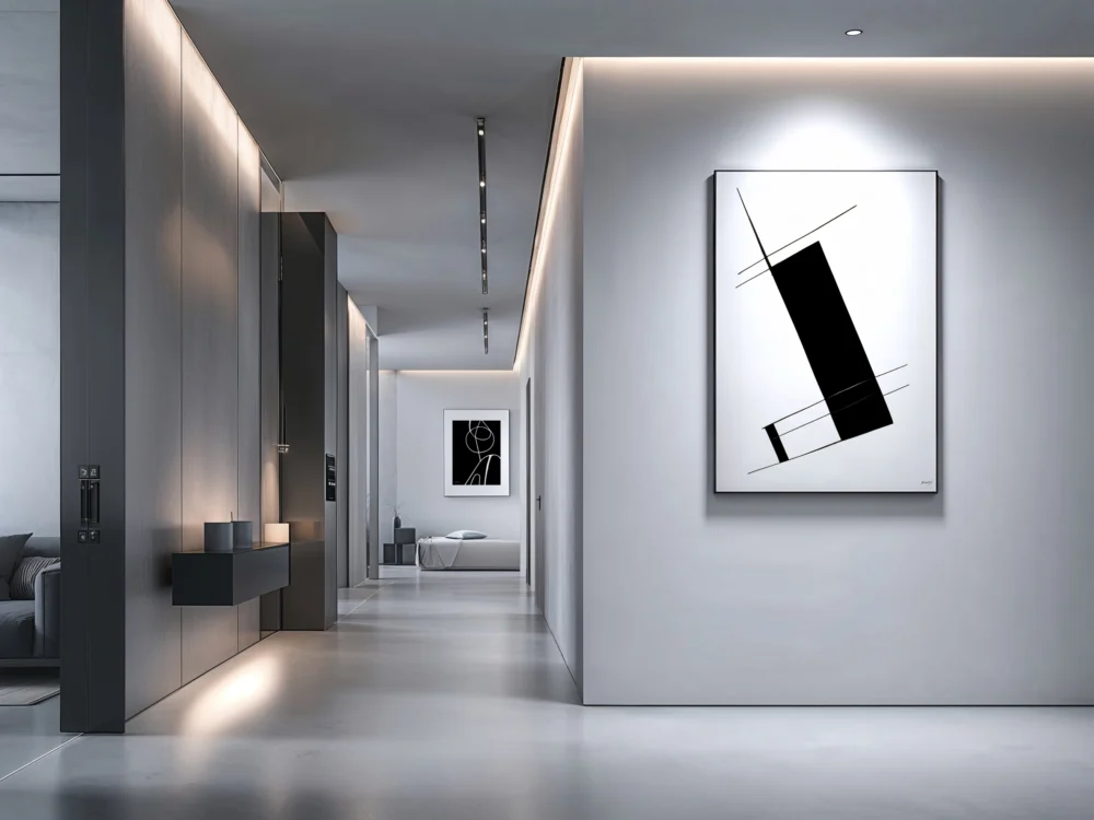Minimalist hallway with abstract art featuring clean lines and modern design.