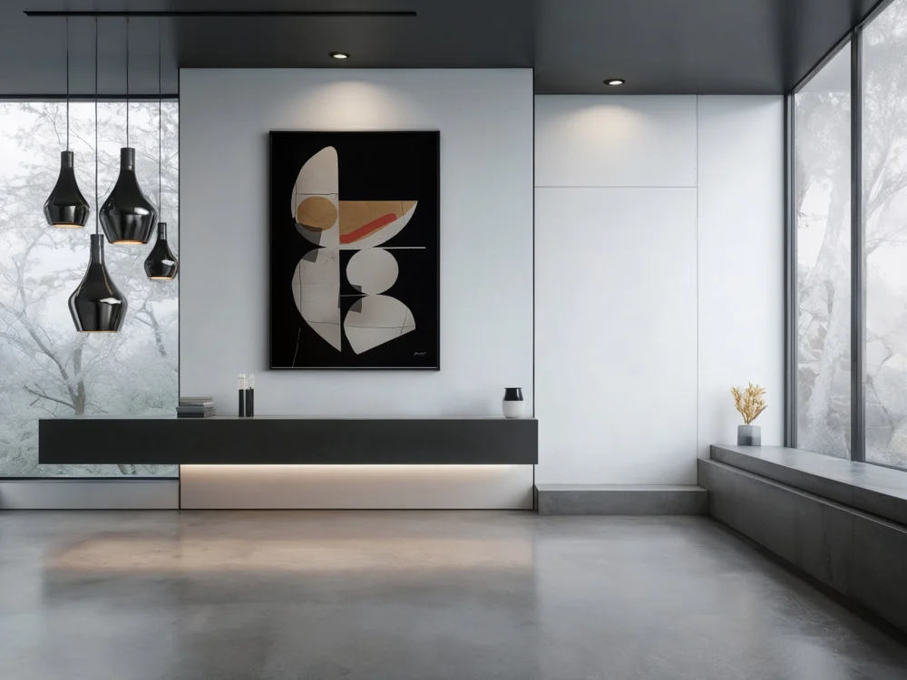 Minimalist interior design with abstract wall art in modern living space.