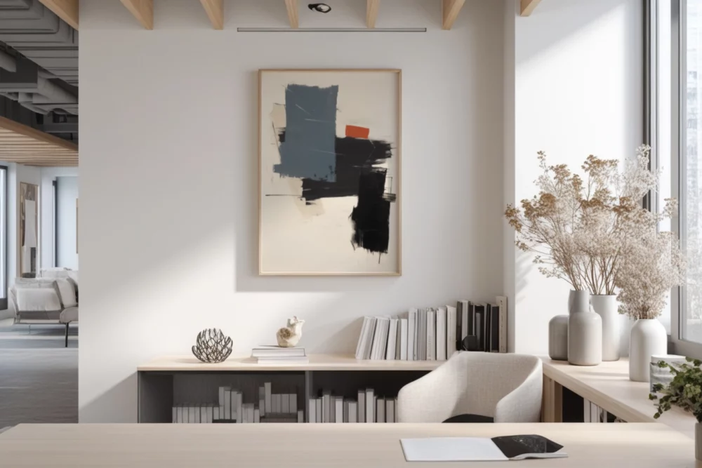 Minimalist white living room with abstract art, bookshelf and dried botanical arrangement.