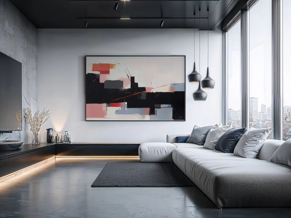 Minimalist living room with abstract wall art and clean contemporary design.