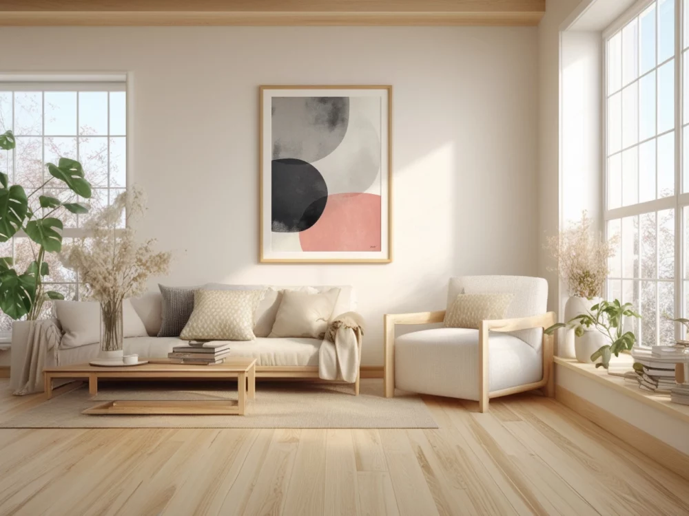 Bright minimalist living room with natural light, neutral furniture and abstract artwork.