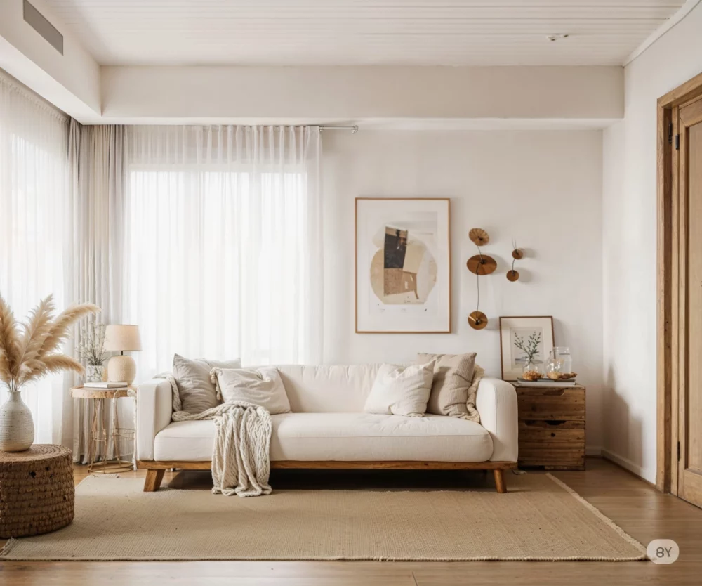 Minimalist bedroom with white bedding, natural light and neutral decor.