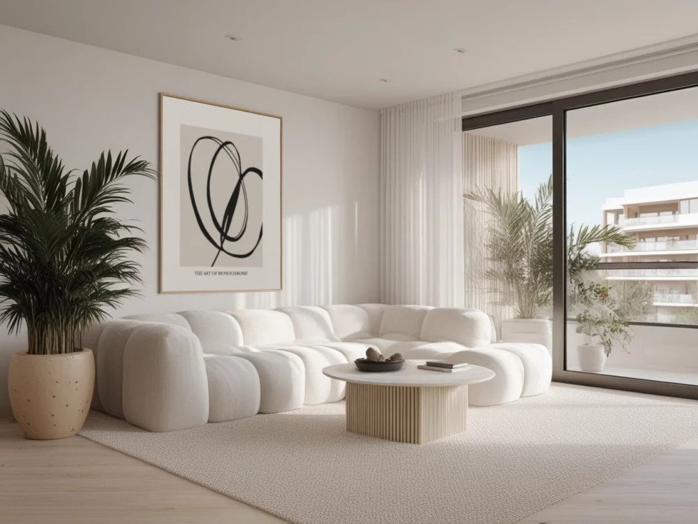 Modern white sectional sofa in bright minimalist living room with large windows.