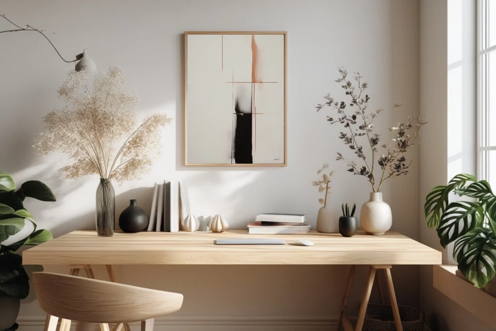 Minimalist wooden desk with plants, natural light and simple artwork.
