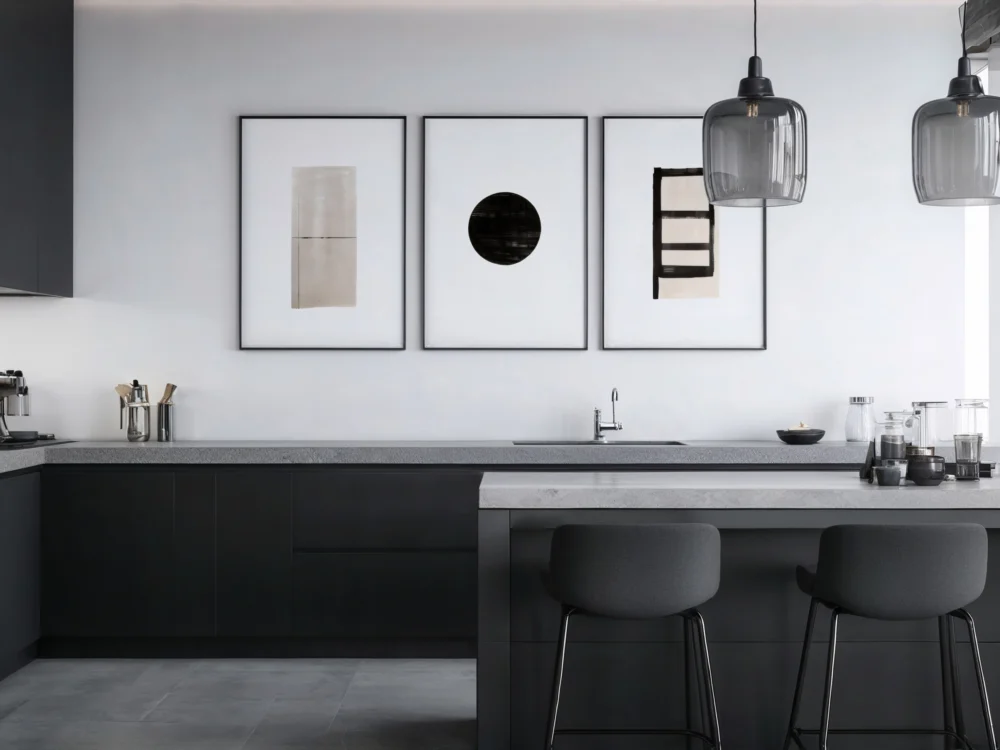 Modern black and white kitchen with island featuring clean lines and elegant design.