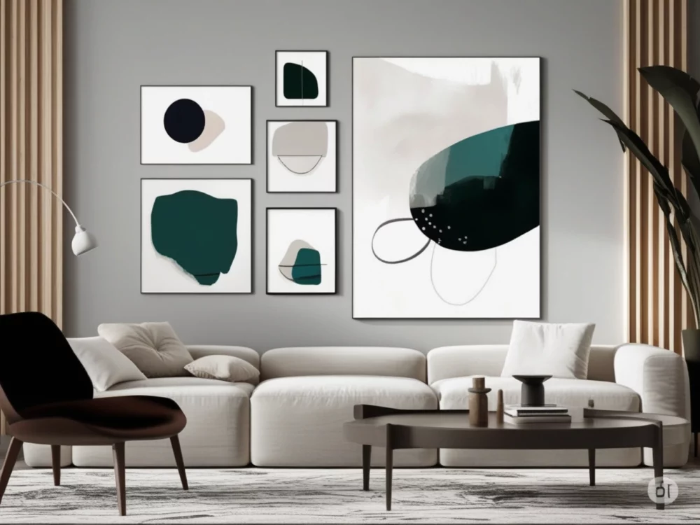 Modern minimalist living room with abstract art and white sectional sofa.