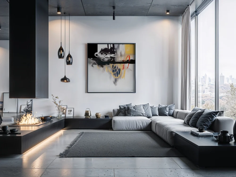 Bright minimalist living room with contemporary furniture, abstract art and natural lighting.